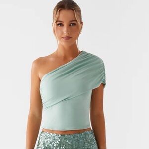 Peppermayo Islington NWT Mint One-Shoulder Ruched Crop Top